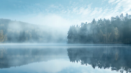 Misty lake in the morning with blue sky and white fog