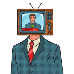 Businessman politician with propaganda TV head pop art retro PNG illustration. Comic book style imitation.