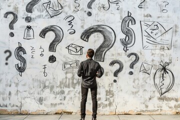 Man Contemplating Question Marks and Dollars on a Wall