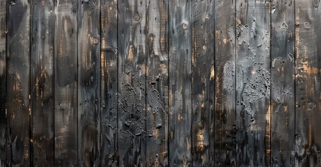 Fototapeta premium A close-up of weathered wooden planks reveals a textured surface of charred black paint, peeling edges, and exposed wood grain.