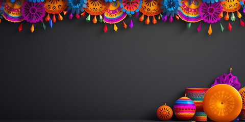 Vibrant colorful Mexican fiesta background with paper flowers, streamers and maracas for Cinco de Mayo celebration