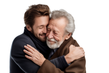 Elderly male person and his son in a warm embrace, smiling at the camera, reflecting a deep sense of family unity. Isolated on white background