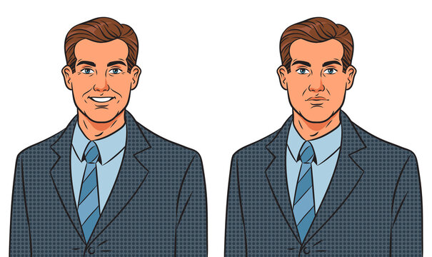 smiling happy and serious sad man businessman pop art retro PNG illustration. Comic book style imitation.