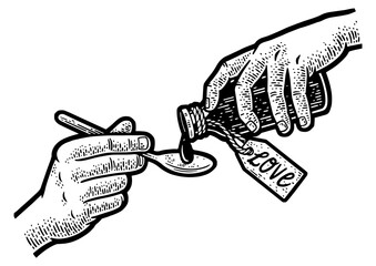 medicine love in hands sketch engraving PNG illustration. T-shirt apparel print design. Scratch board imitation. Black and white hand drawn image.
