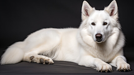 A majestic white Swiss Shepherd Dog with light brown eyes is lying down on a dark grey surface, looking directly at the camera with a calm, confident expression.