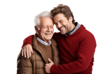 Elderly male person and his son in a warm embrace, smiling at the camera, reflecting a deep sense of family unity. Isolated on white background