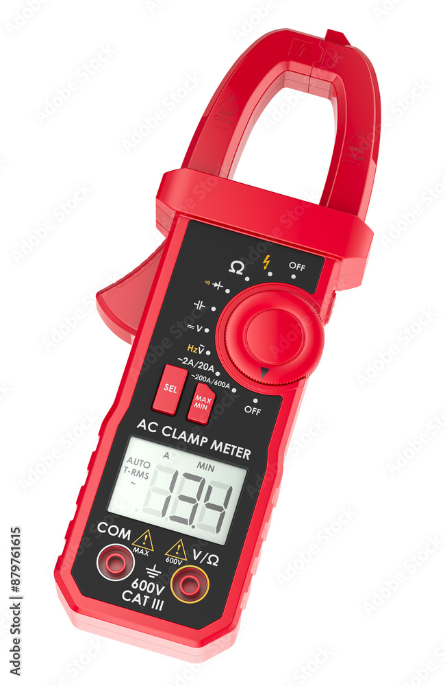 Poster red digital clamp meter multimeter, 3d rendering isolated on transparent background