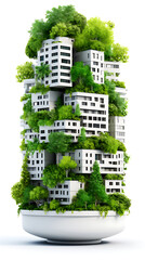 Futuristic green city concept, with buildings covered in lush vegetation, showcasing a harmonious blend of nature and urban living, promoting a sustainable and eco-friendly vision of the future.