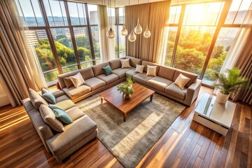 Fototapeta premium Living room in a modern style, flooded with sunlight outside the park windows