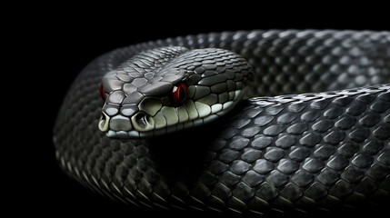 Obraz premium Black mamba snake coiled and ready to strike with red glowing eyes and dark scales