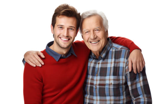 Elderly male person and his son in a warm embrace, smiling at the camera, reflecting a deep sense of family unity. Isolated on white background