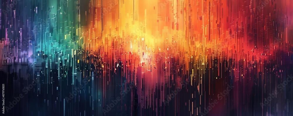 Poster a pixel art representation of a pixelated painter's brushstrokes on a canvas, bringing pixelated col