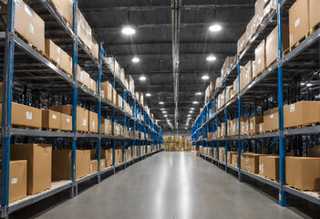 Fototapeta premium Warehouse interior with shelves and boxes
