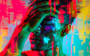 vibrant colors blend seamlessly in abstract portrait of a man , lost in his thoughts , conveying a sense of mystery and introspection