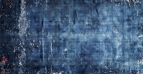 Obraz premium A close-up of weathered, indigo-dyed fabric reveals a rich texture, with frayed edges, fading dye, and intricate weave patterns.