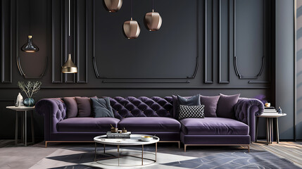 A luxurious living room with a purple velvet sofa, dark walls, and gold accents conveys a sense of opulence and sophistication.