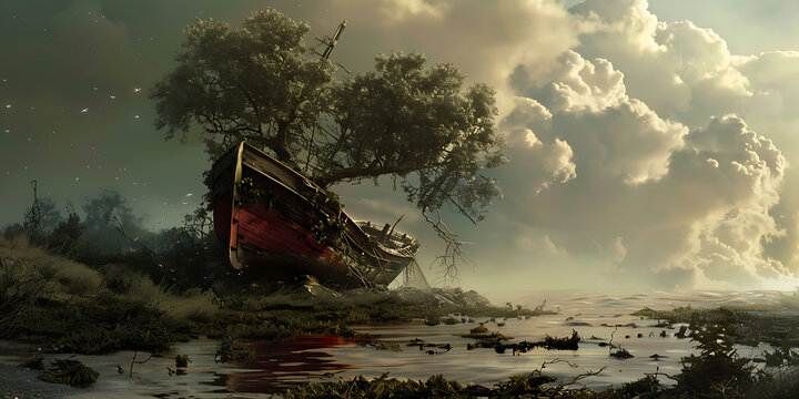 Gloomy landscape with a broken beached boat overgrown with a large tree with dark clouds in the background