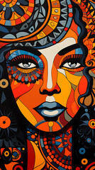 Fototapeta premium Vibrant, stylized portrait featuring bold geometric patterns and colors. 