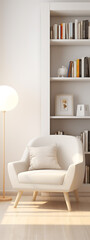 Comfy white armchair and minimal bookshelf in bright home interior
