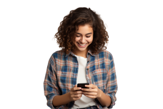 Enthusiastic young girl using a smartphone to play a game, dressed casually and looking happy. Isolated on white background