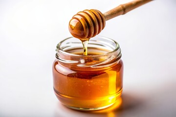 Honey dipper lifted from jar with honey