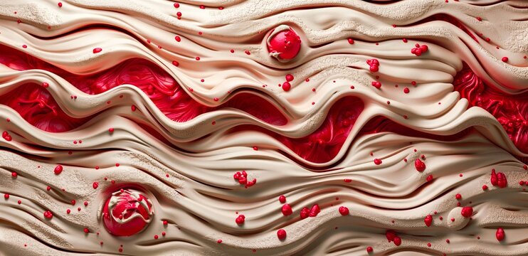 A close-up of textured, undulating cream-colored waves adorned with vibrant red droplets and spheres creates a mesmerizing.