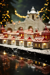 Fototapeta premium Small model houses with lights and a blurred background in a winter setting