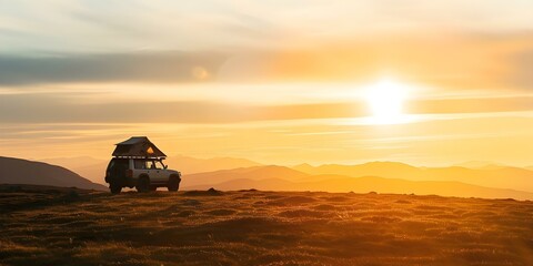 Overlanding with rooftop tent in remote mountain landscape at dramatic sunset. Concept Overlanding, Rooftop Tent, Remote Mountain Landscape, Dramatic Sunset, Outdoor Photography
