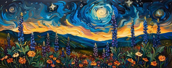 Starry night sky over field of wildflowers with swirling brushstrokes