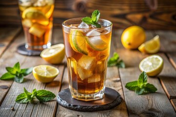 Refreshing tea in a transparent glass, decorated with lemon and mint
