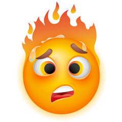 Hot emoji with flame. Overheated emoticon.  Vector emoji on white background. Yellow face. Cute emoticon