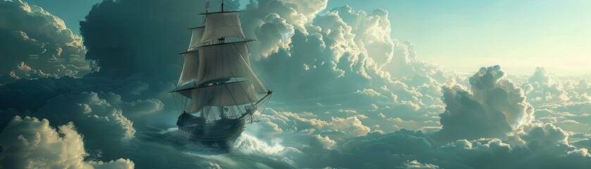 Obraz premium Realistic ship in a sea of clouds, merging nautical themes with surrealism, vivid detail