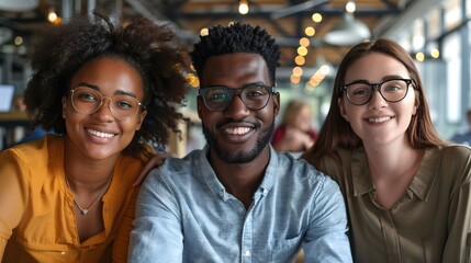 Three smiling friends, two wearing glasses, enjoying time together in a casual, well-lit workspace with a modern design and lots of ambient lighting from overhead lamps.