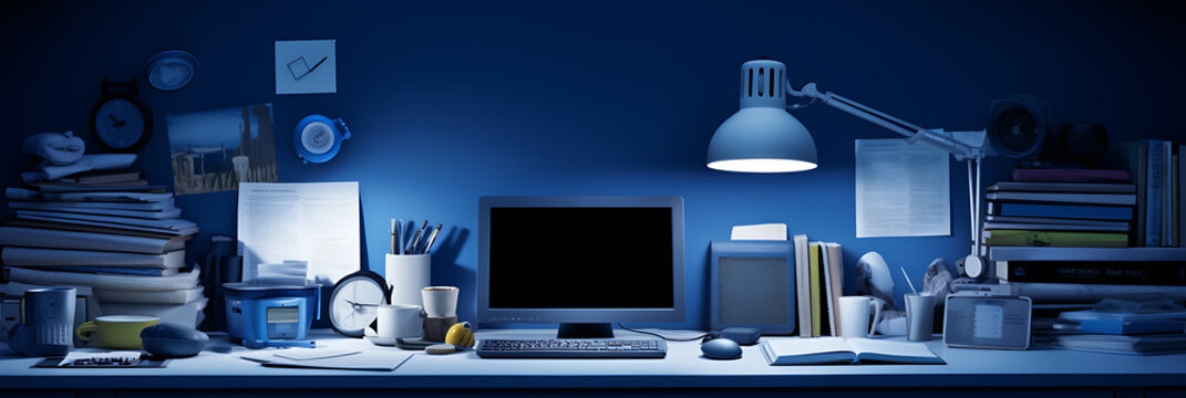 Blue themed messy working desk at night with a bright lamp on, computer and supplies