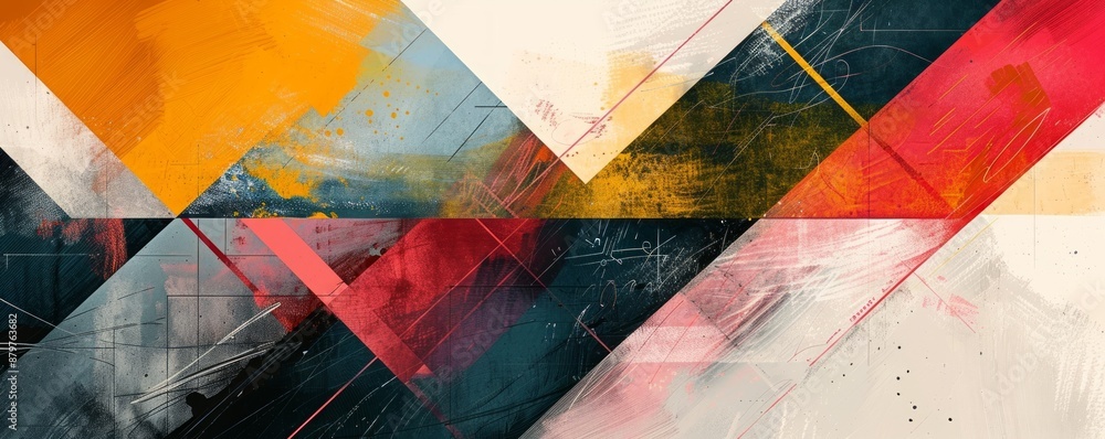 Poster a series of geometric shapes overlapping and intersecting, creating a sense of movement and dynamism