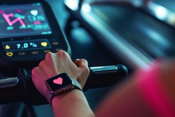 Fitness Tracker Displaying Heart Rate on Wrist During Workout on Treadmill