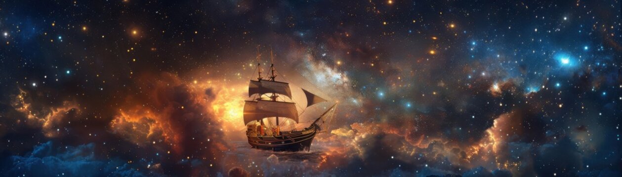 A ship sailing through a starry sky, blending nautical adventure with celestial beauty, realistic detail