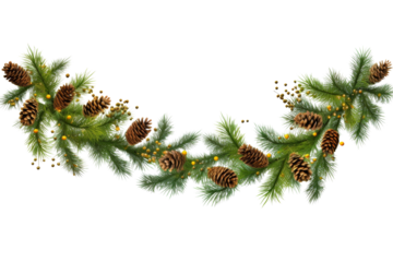 Festive border of coniferous branches and Christmas lights garlands for holiday design Isolated on white background