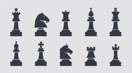 Stylized chess piece illustrations showing a mix of classic designs including kings, queens, knights, and rooks, with a light background adding contrast to the art.