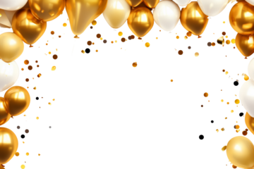 Festive banner frame with gold confetti and balloons Isolated on white background