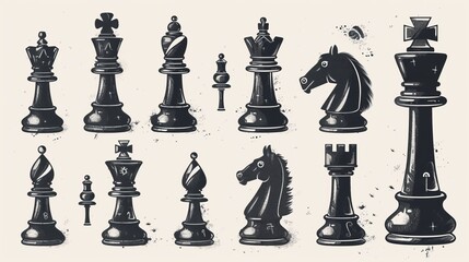 A vintage collection of monochrome chess pieces featuring detailed and intricate designs, ideal for history enthusiasts or those who appreciate traditional chess artistry.