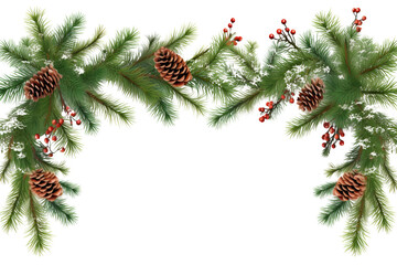 Festive border of coniferous branches and Christmas lights garlands for holiday design Isolated on white background
