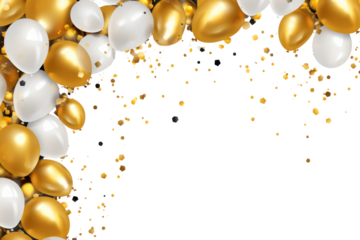 Festive banner frame with gold confetti and balloons Isolated on white background