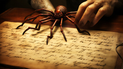 Enigmatic antique document and colossal spider, evocative of forgotten lore.
