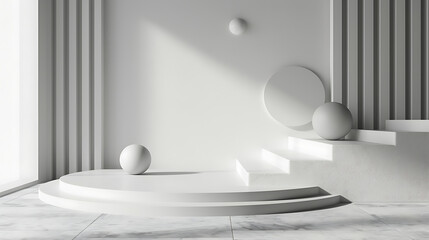 White minimalist podium with geometric shapes and soft shadows for product showcase