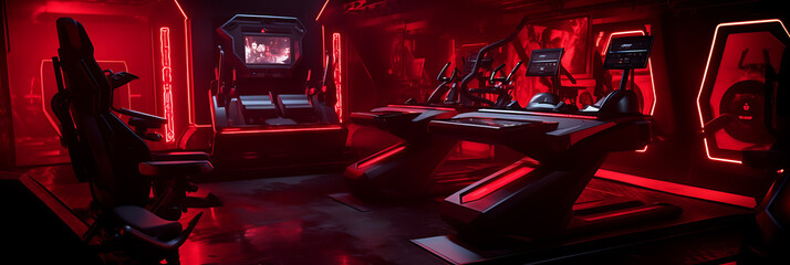 Cyberpunk gaming room red black futuristic design intense emotion.
