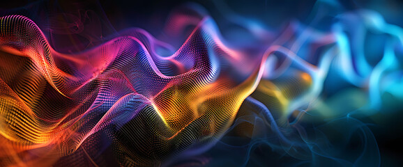 Fototapeta premium Multicolored flowing wave of luminous particles on dark background