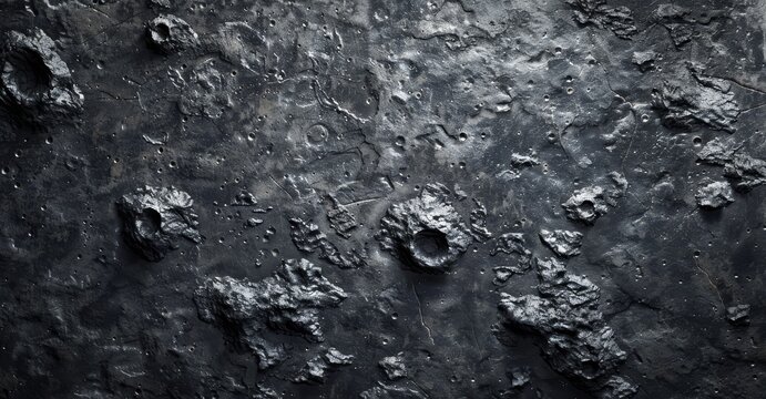 A close-up of a cratered, metallic surface, resembling a moon or asteroid, reveals a rugged landscape of craters, crevices, and textured rock formations.