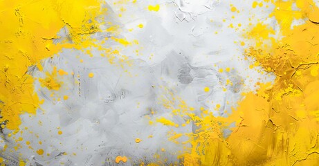 A textured surface, splattered with vibrant yellow paint on a muted gray background, creates an abstract, urban aesthetic.