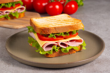 Close-up of two sandwiches with bacon, salami, prosciutto and fresh vegetables on rustic wooden cutting board. Club sandwich concept